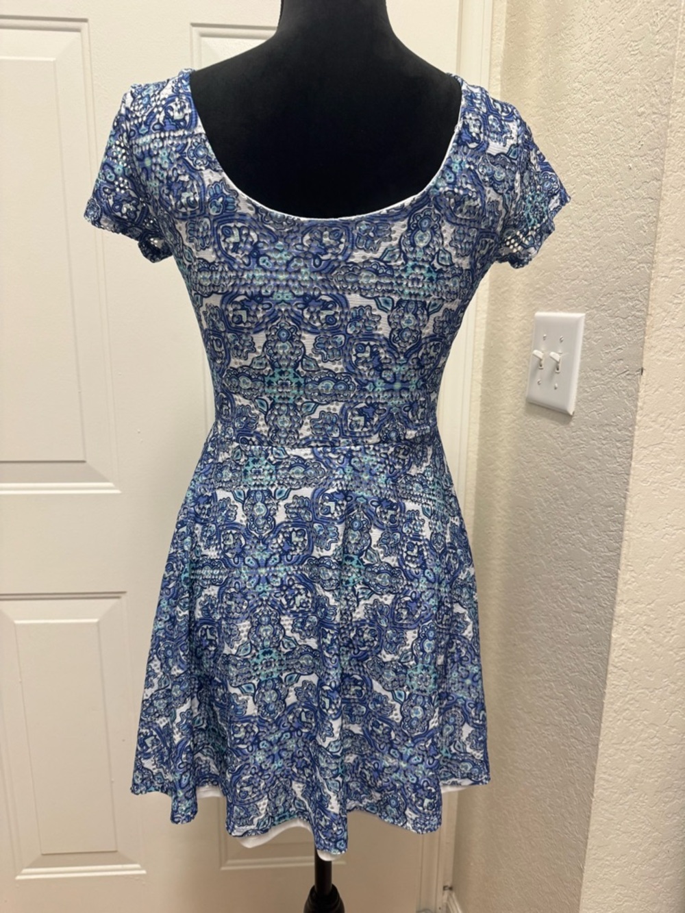 Derek Heart Blue Patterned Scoop-Neck Fit & Flare Mini Dress - Picture 2 of 3